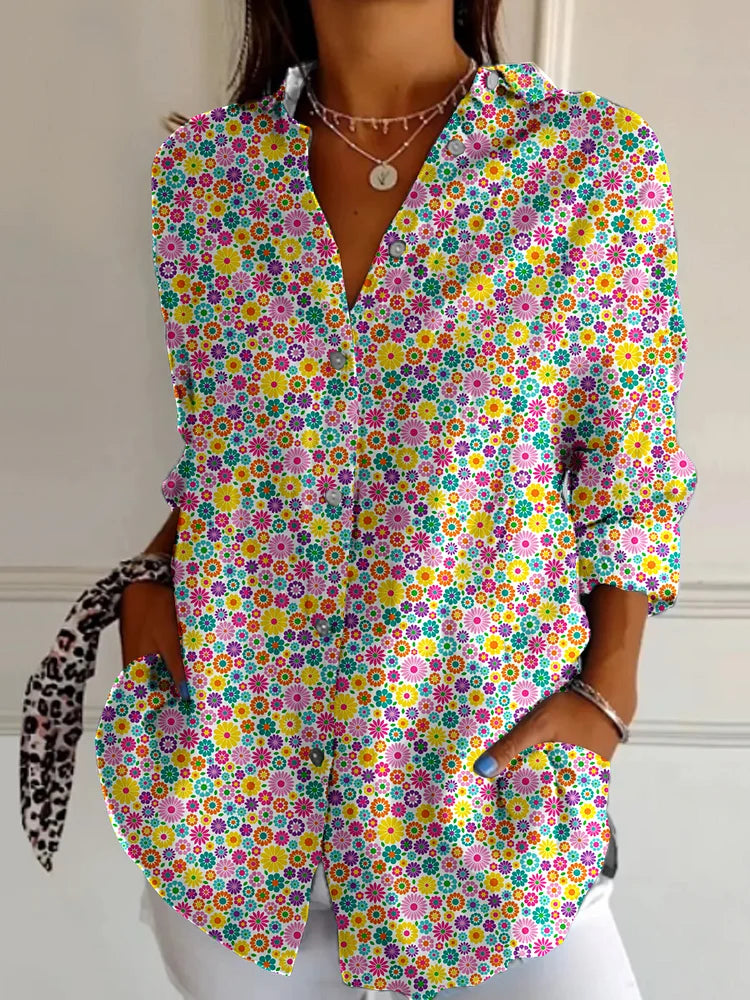 Women's Elegant Floral Pattern Print Casual Linen V-Neck Shirt