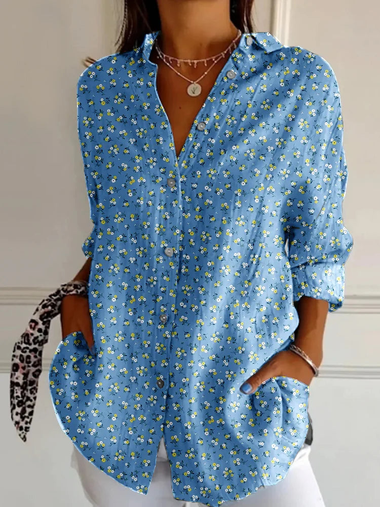 Women's Elegant Floral Pattern Print Casual Linen V-Neck Shirt