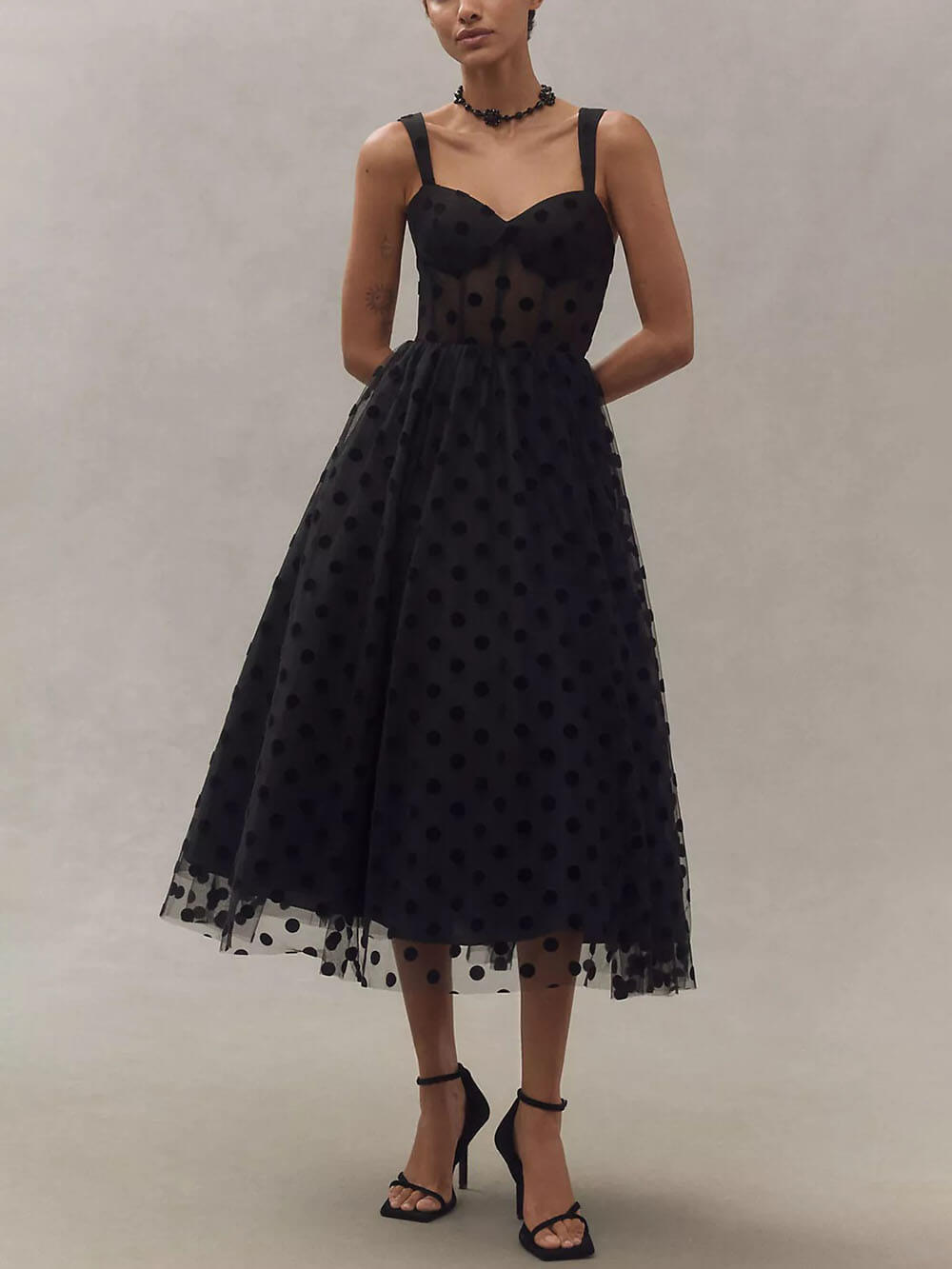 Claravelle – Tulle Polka Dot Bustier Midi Dress