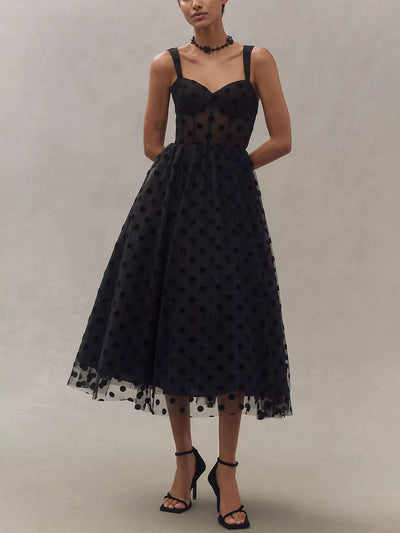 Claravelle – Tulle Polka Dot Bustier Midi Dress