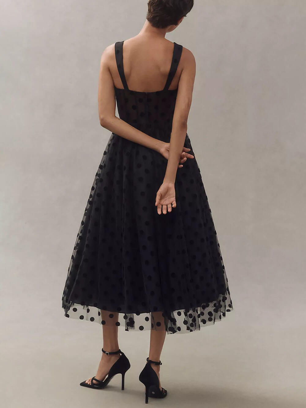 Claravelle – Tulle Polka Dot Bustier Midi Dress