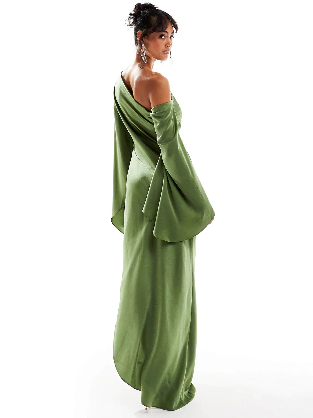 Klera Green Asymmetrical Hem Satin Maxi Dress
