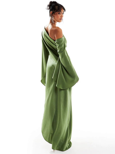 Klera Green Asymmetrical Hem Satin Maxi Dress