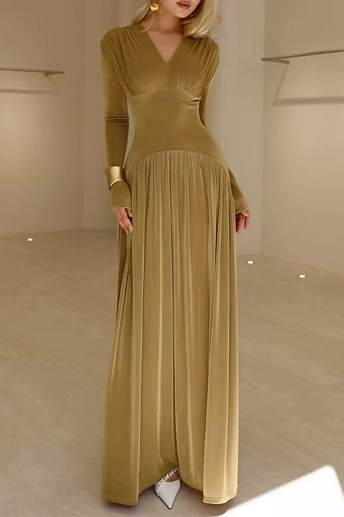 Maria V-Neck Long Sleeves Waisted Velvet Maxi Dress