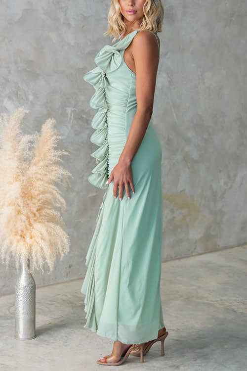 Arlisse – One-Shoulder Ruffle Mesh Maxi Dress