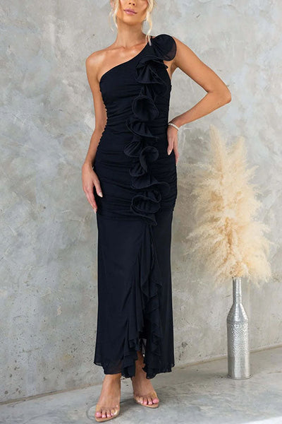 Arlisse – One-Shoulder Ruffle Mesh Maxi Dress