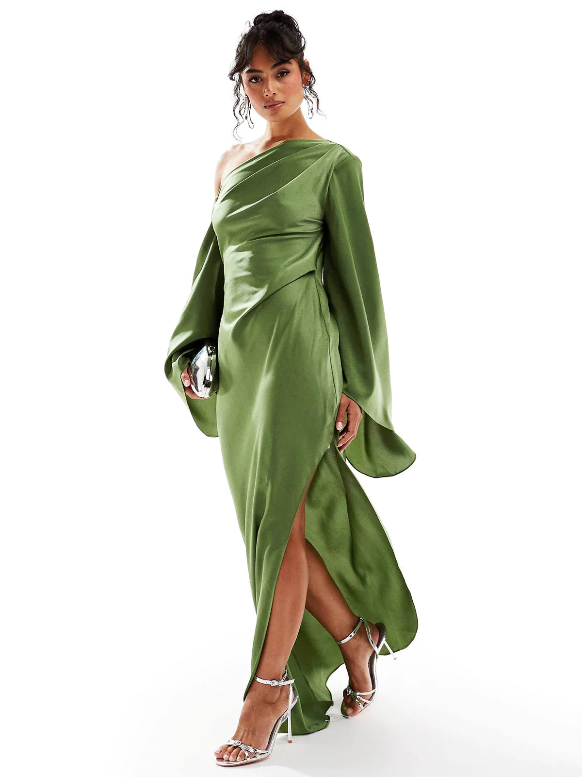 Klera Green Asymmetrical Hem Satin Maxi Dress