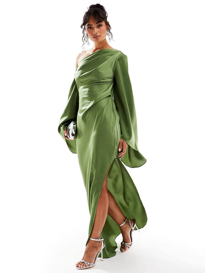 Klera Green Asymmetrical Hem Satin Maxi Dress