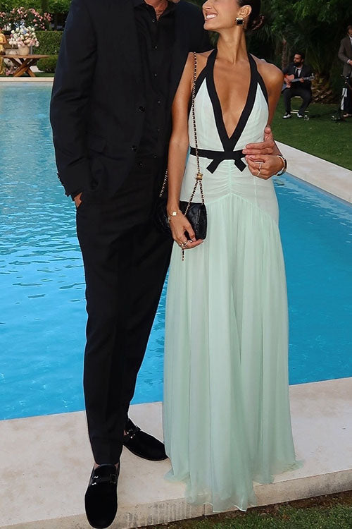 Avanelle – Color Block Halter Bow Maxi Dress