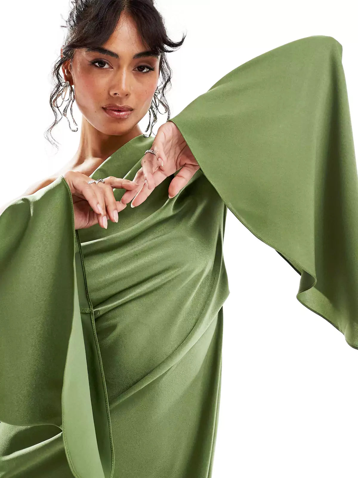 Klera Green Asymmetrical Hem Satin Maxi Dress