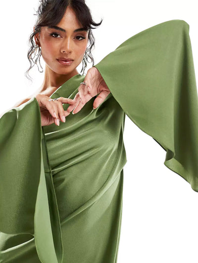 Klera Green Asymmetrical Hem Satin Maxi Dress