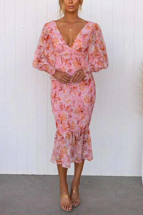 Lily | V Neck Long Sleeves Smocked Floral Midi Dress