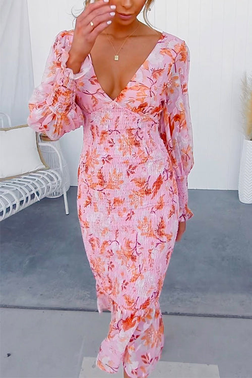 Lily | V Neck Long Sleeves Smocked Floral Midi Dress