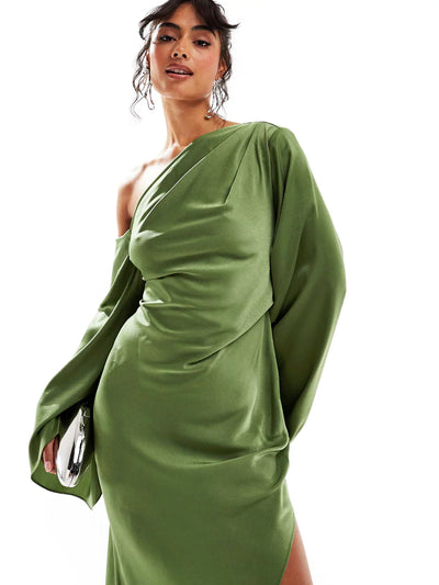 Klera Green Asymmetrical Hem Satin Maxi Dress