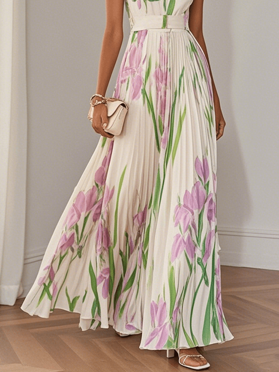 Alivienne – White Floral Pleated Chiffon Maxi Dress