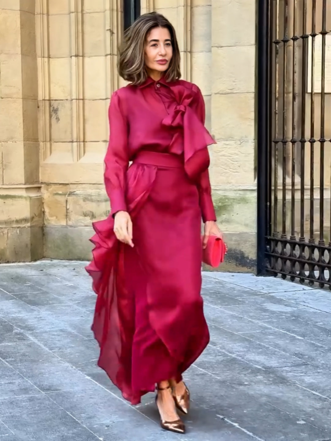 Vanessa Red Satin Flowing Skirt Set