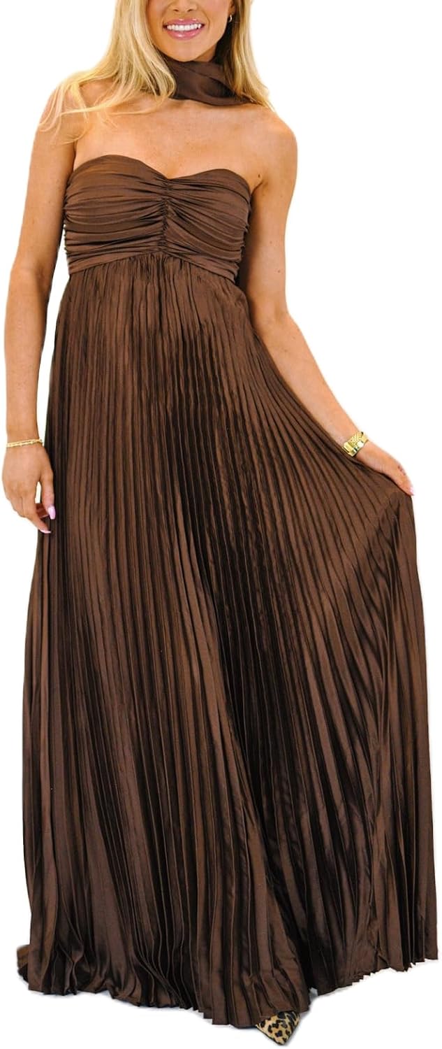 Avelise – Strapless Pleated Satin Maxi Dress