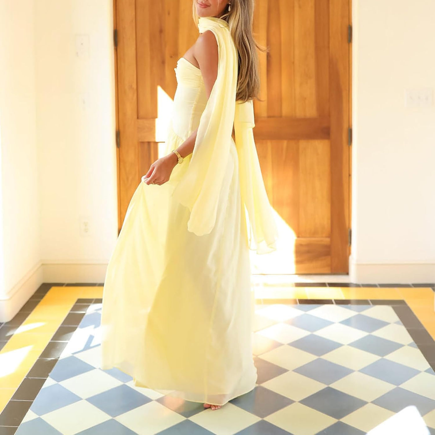 Avelise – Strapless Pleated Satin Maxi Dress