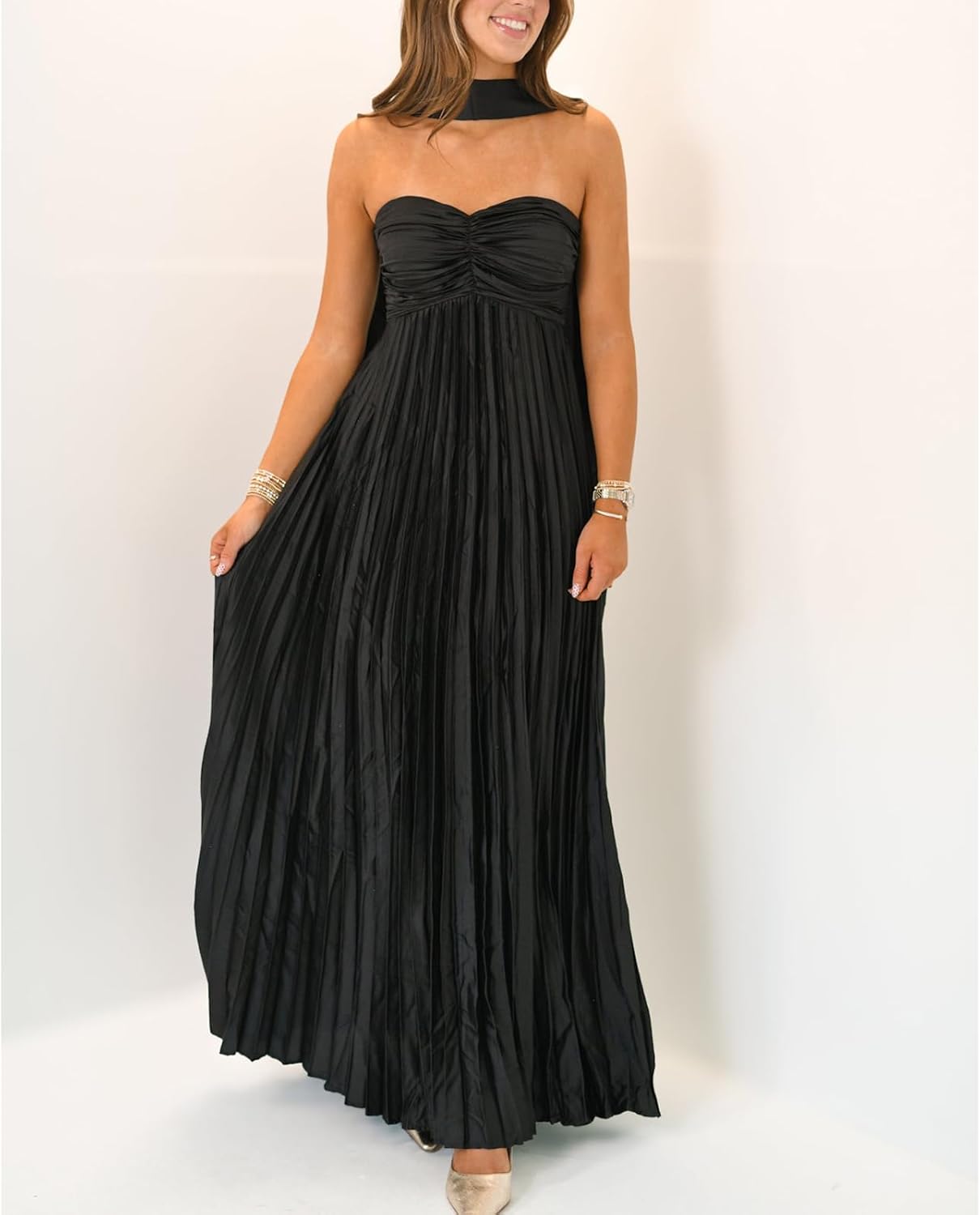 Avelise – Strapless Pleated Satin Maxi Dress