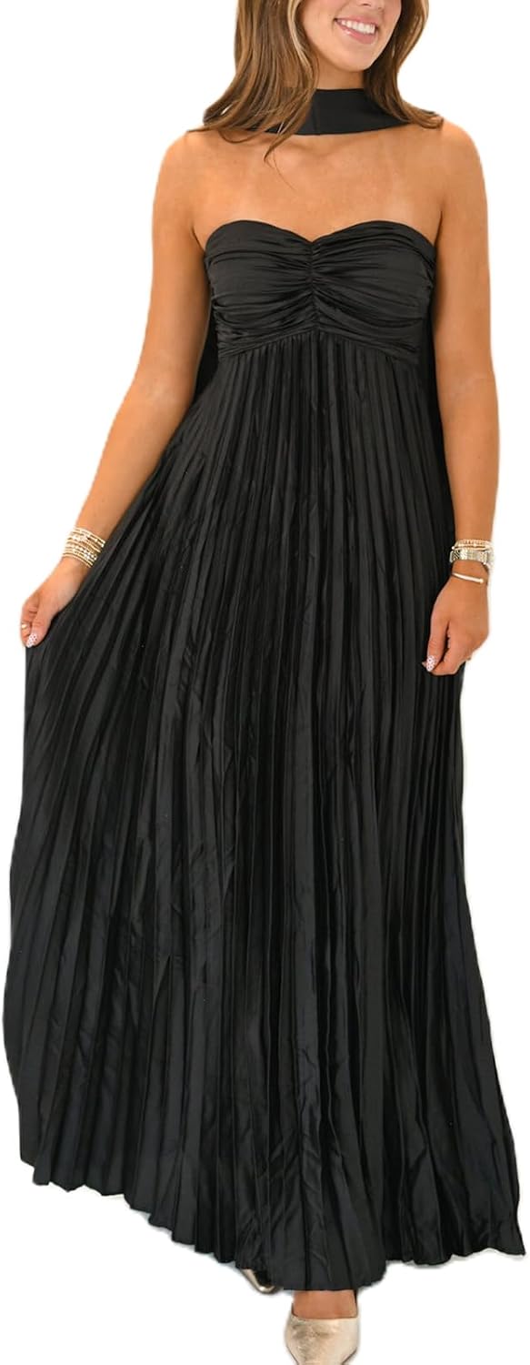 Avelise – Strapless Pleated Satin Maxi Dress