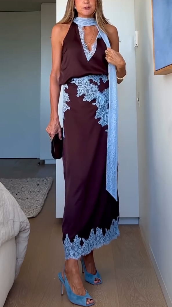 Larima Elegant Brown and Blue Lace Panel Top + Skirt Suit Set