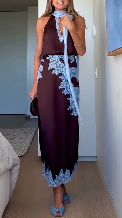 Larima Elegant Brown and Blue Lace Panel Top + Skirt Suit Set