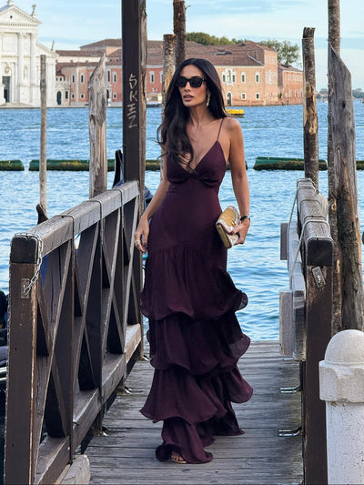 Elmira Burgundy Tiered Maxi Dress