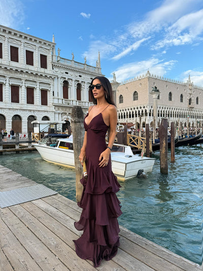 Elmira Burgundy Tiered Maxi Dress