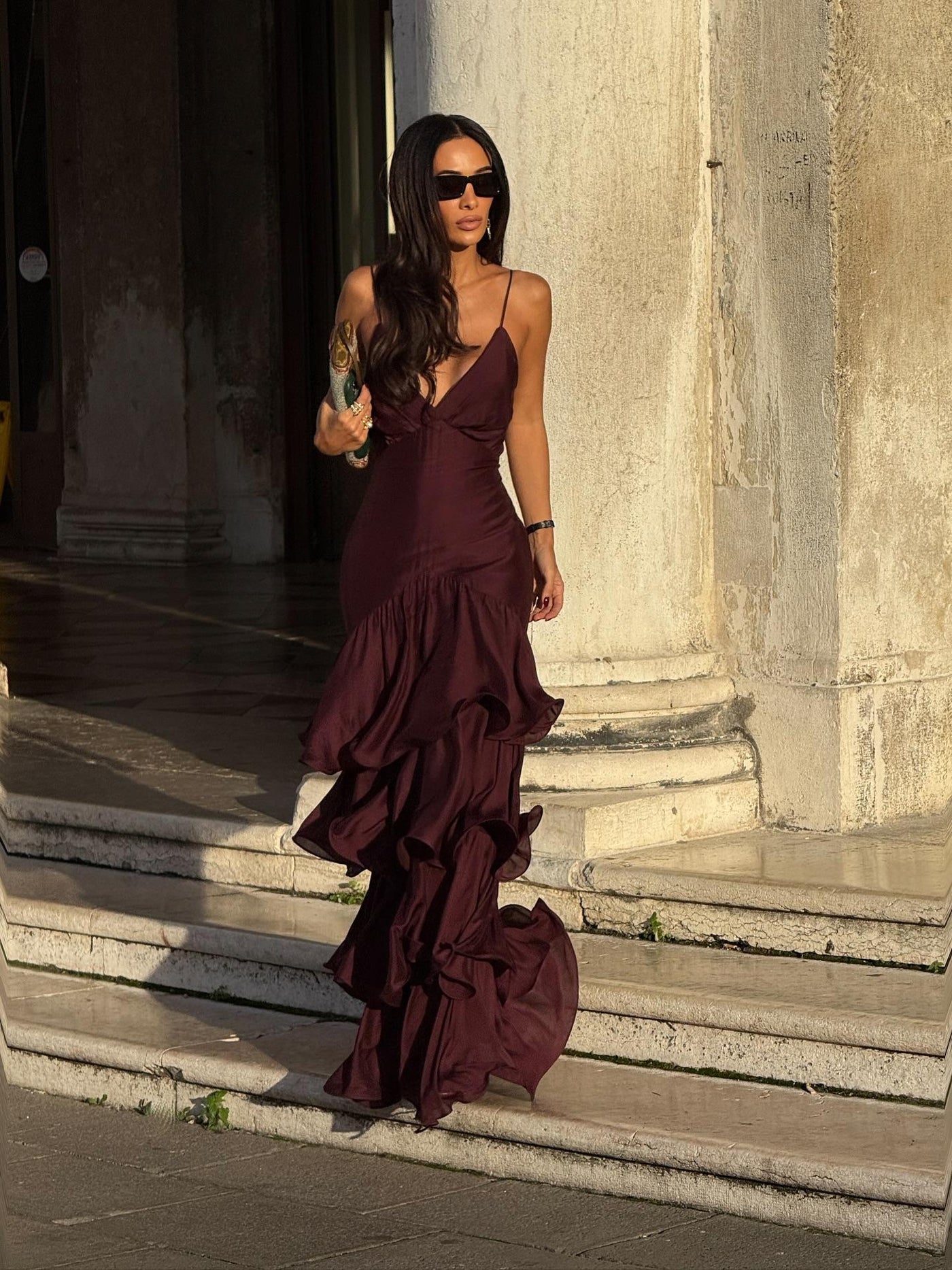 Elmira Burgundy Tiered Maxi Dress