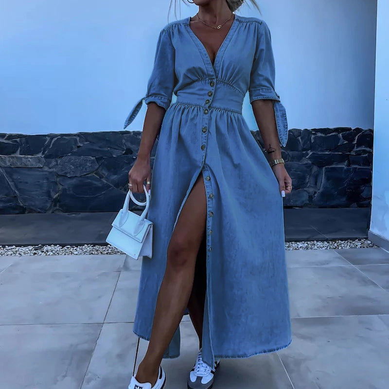 GRACE | RELAXED V-NECK DENIM MAXI DRESS