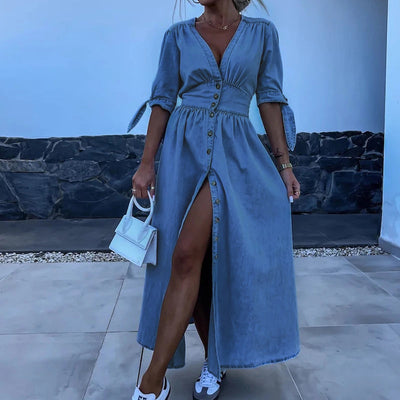 GRACE | RELAXED V-NECK DENIM MAXI DRESS