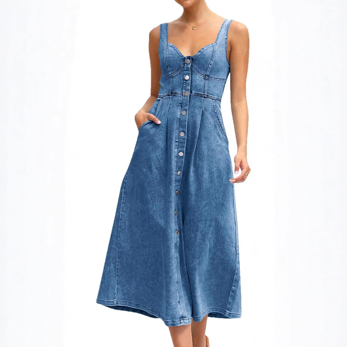 Ravina – Sleeveless Button-Front Denim Dress