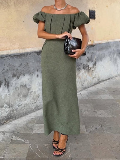 Gregoria-elegant one-shoulder puff sleeve pleated dress