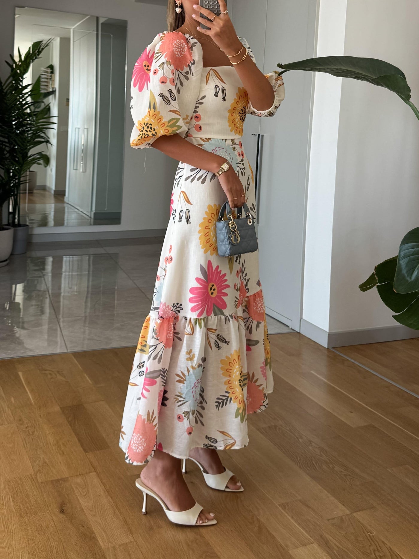 Wera Square Neck Floral Print Puff Sleeve Midi Dress