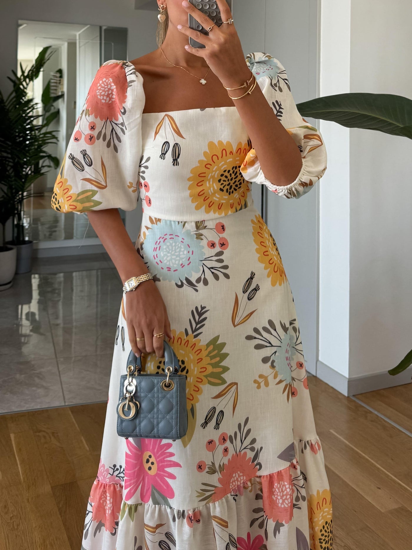 Wera Square Neck Floral Print Puff Sleeve Midi Dress