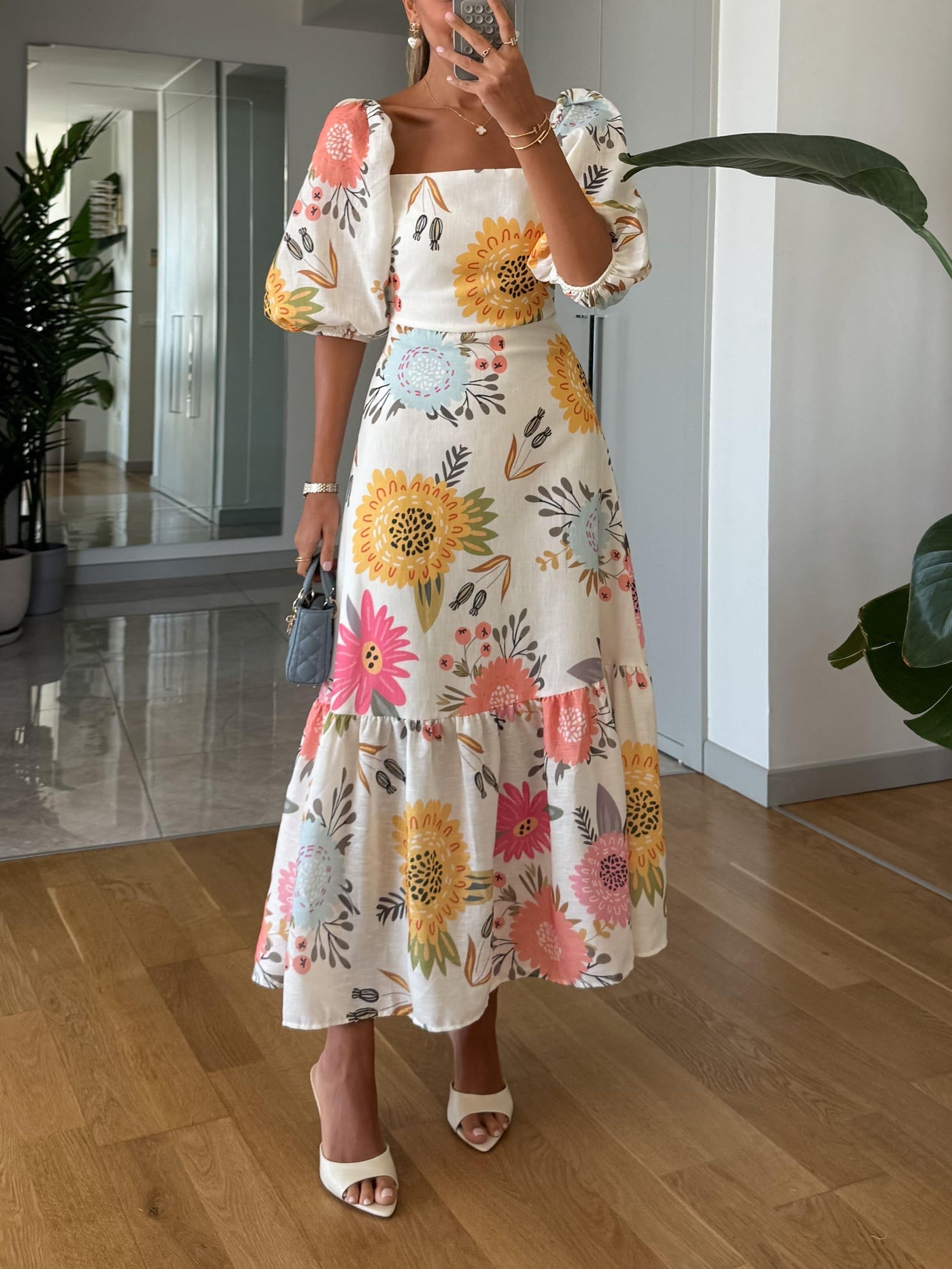 Wera Square Neck Floral Print Puff Sleeve Midi Dress
