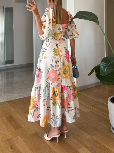 Wera Square Neck Floral Print Puff Sleeve Midi Dress