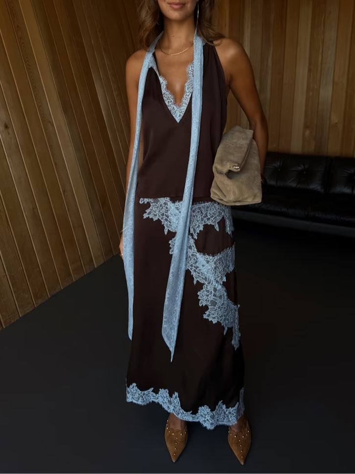 Larima Elegant Brown and Blue Lace Panel Top + Skirt Suit Set