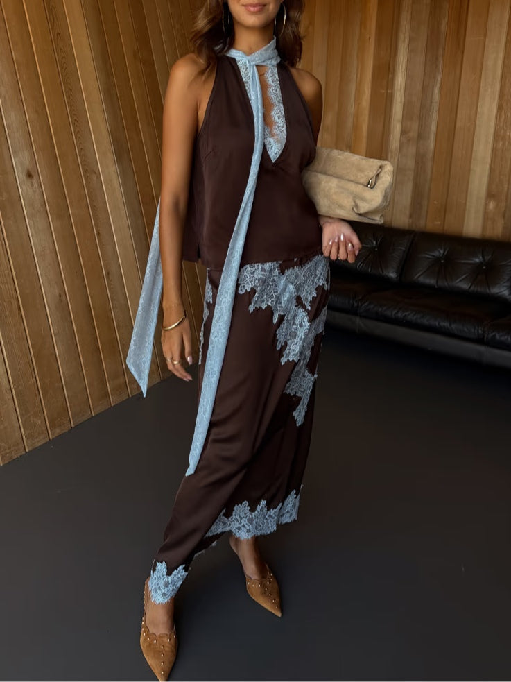 Larima Elegant Brown and Blue Lace Panel Top + Skirt Suit Set