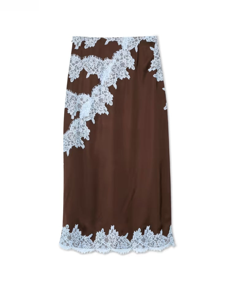 Larima Elegant Brown and Blue Lace Panel Top + Skirt Suit Set