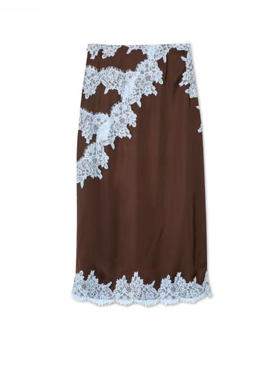 Larima Elegant Brown and Blue Lace Panel Top + Skirt Suit Set