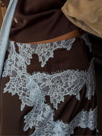 Larima Elegant Brown and Blue Lace Panel Top + Skirt Suit Set