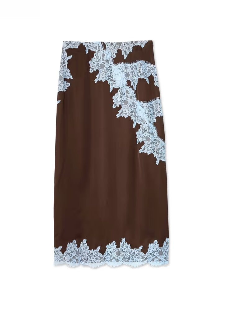 Larima Elegant Brown and Blue Lace Panel Top + Skirt Suit Set