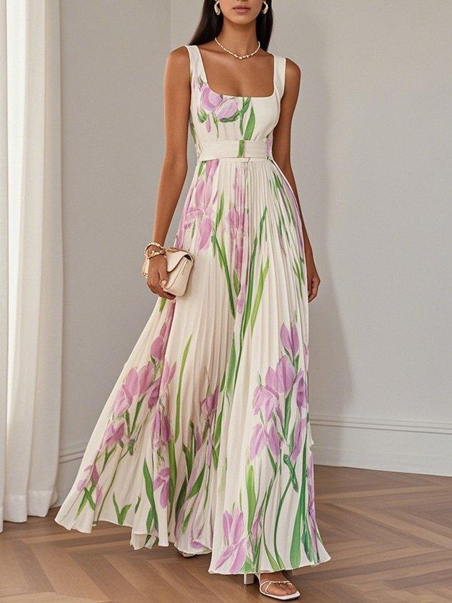 Alivienne – White Floral Pleated Chiffon Maxi Dress
