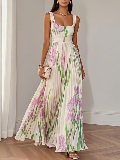 Alivienne – White Floral Pleated Chiffon Maxi Dress
