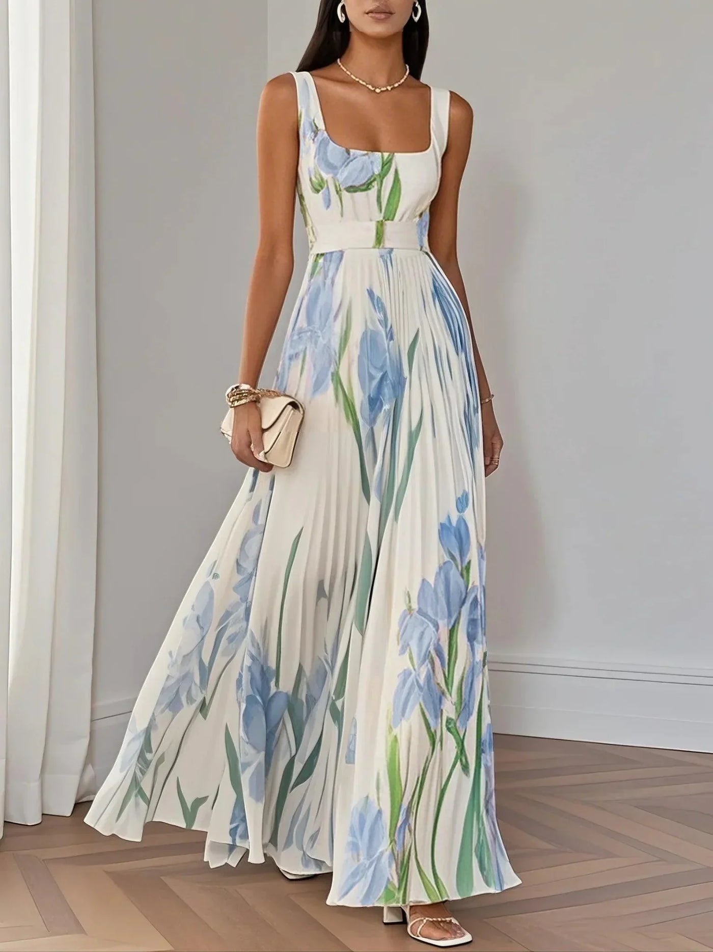 Alivienne – White Floral Pleated Chiffon Maxi Dress