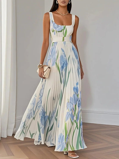 Alivienne – White Floral Pleated Chiffon Maxi Dress