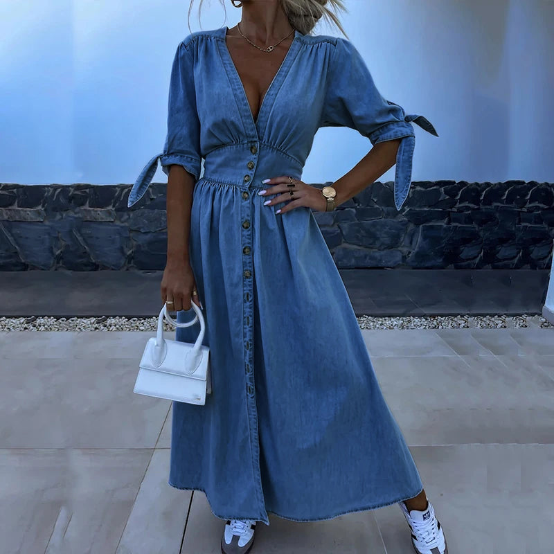 GRACE | RELAXED V-NECK DENIM MAXI DRESS