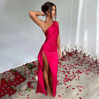 Selestia – One-Shoulder Draped Slit Maxi Dress