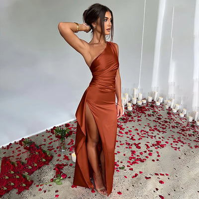 Selestia – One-Shoulder Draped Slit Maxi Dress
